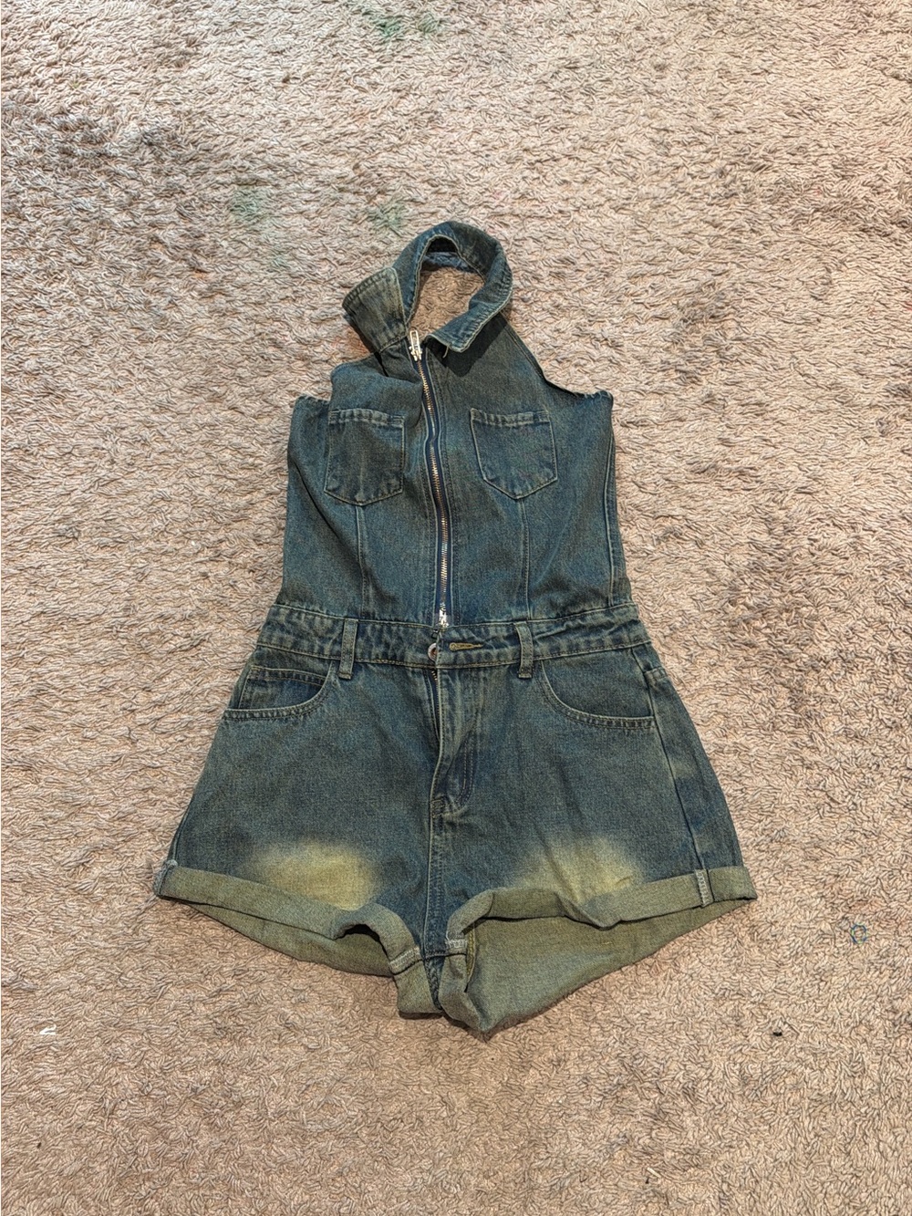 Denim Zip-Front Girls' Short Romper in Faded Blue